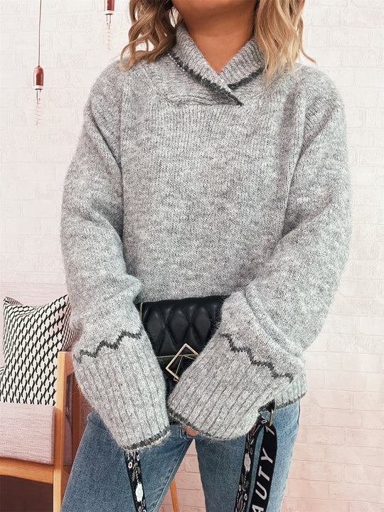 Damen lässiger Strickpullover mit modischem Kragen und fransigen Akzenten EB