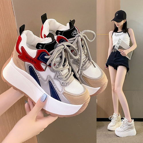 Damen modische High-Top Sneakers mit atmungsaktiver Mesh-Oberfläche und trendiger Plateausohle EB