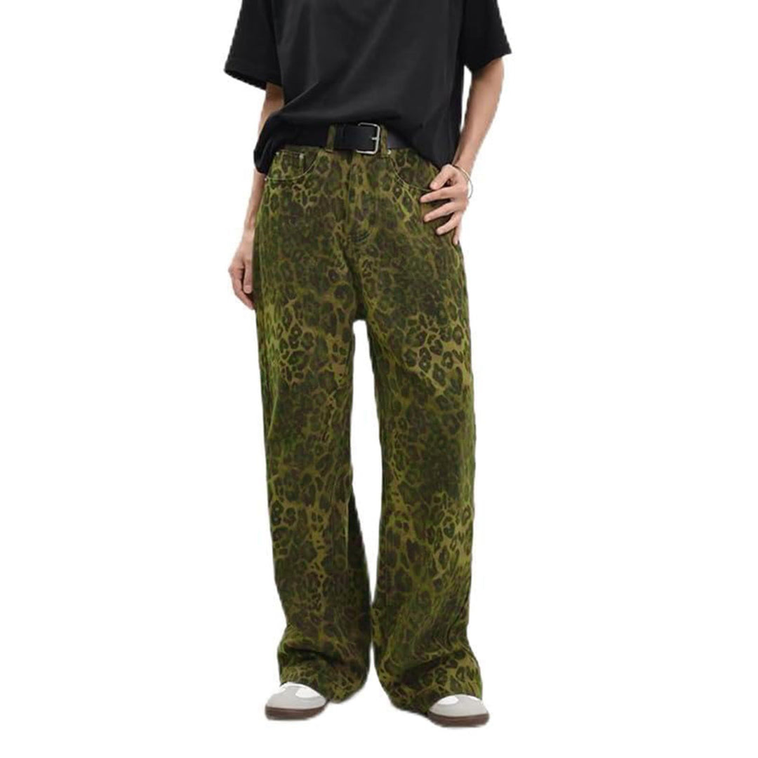 Damen nan weite High‑Waist Palazzohose im Leomuster mit Five‑Pocket‑Schnitt und entspanntem Bein EB