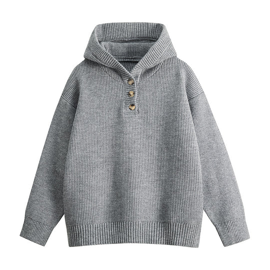 Damen Hochwertiger Strickpullover mit Stehkragen und Knopfdetails EB