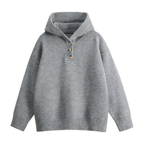 Damen Hochwertiger Strickpullover mit Stehkragen und Knopfdetails EB