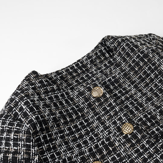 Damen elegante Kurzjacke im modischen Tweed-Stil mit goldenen Knopfdetails EB