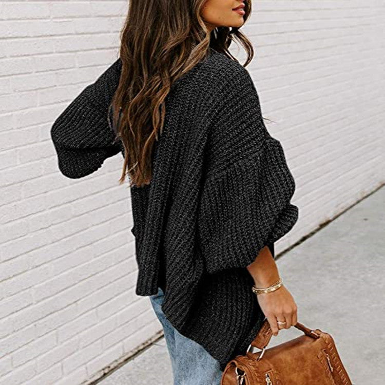 Damen oversized Strickpullover mit tiefem V-Ausschnitt und lässigen Ärmel EB