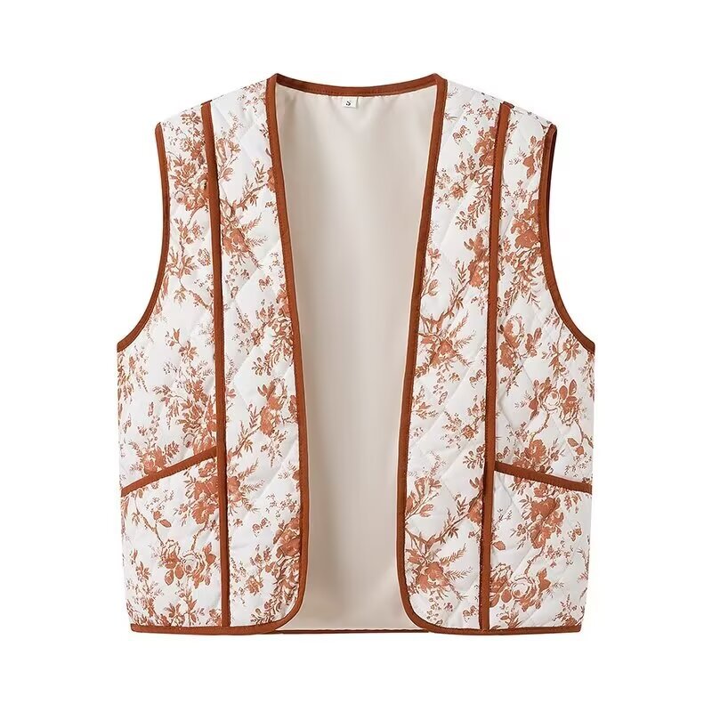 Damen gesteppte Weste mit floralem Muster und praktischen Taschen EB
