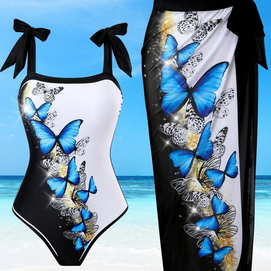 Damen Einteiler Badeanzug mit schickem Wickelrock und Butterfly-Motiv EB