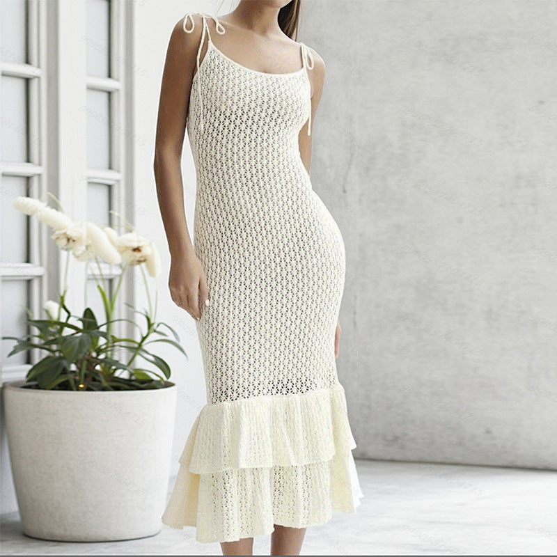 Damen Häkel-Maxikleid mit Volant und verstellbaren Trägern EB