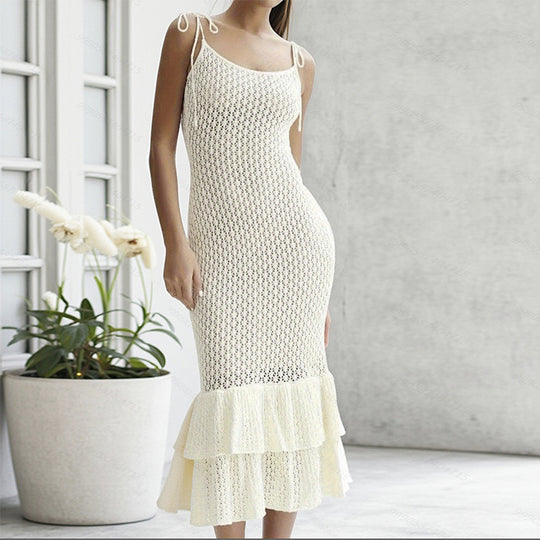Damen Häkel-Maxikleid mit Volant und verstellbaren Trägern EB