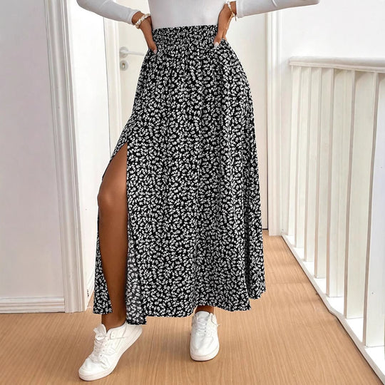Damen Maxirock mit floralem Muster und seitlichem Schlitz EB