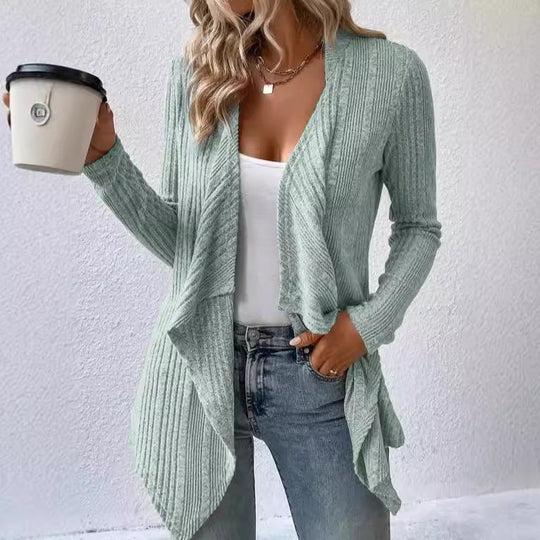 Damen lässige Strickjacke mit asymmetrischem Saum und offenem Design EB