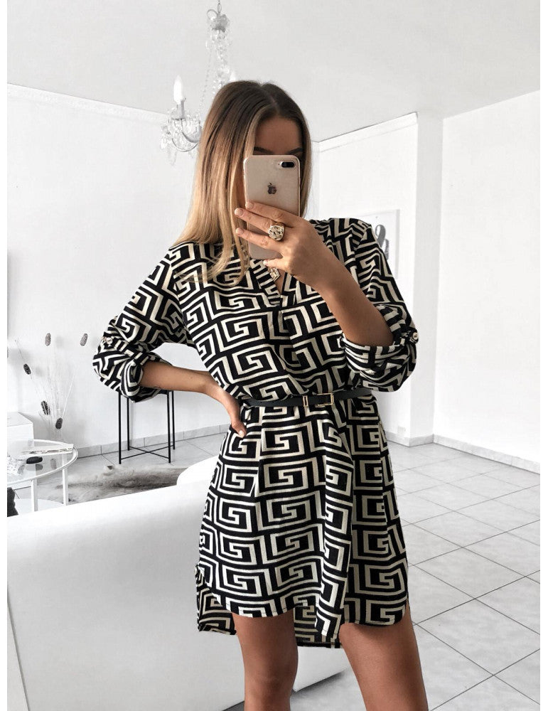 Damen Hemdkleid mit geometrischem Muster und Taillengürtel EB