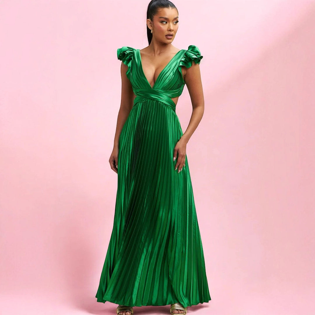 Damen Glamouröses Plissee-Maxikleid mit tiefem V-Ausschnitt und Puffärmeln EB
