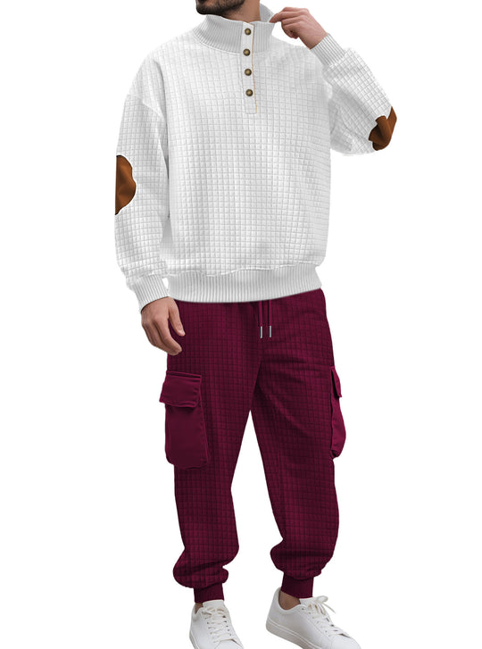 Herren nan Karo-Relief-Sweatset mit Stehkragen-Knopfleiste, Velours-Ellenbogenpatches und Cargo-Jogger EB