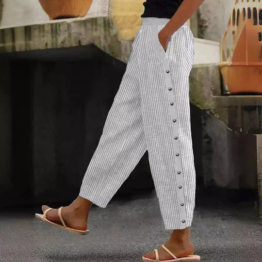 Damen Hochgeschnittene Freizeithose mit gerade geschnittenem Bein und praktischen Knöpfen EB