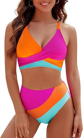 Damen Hoch tailliertes Bikini-Set mit modischem Wickeloberteil EB