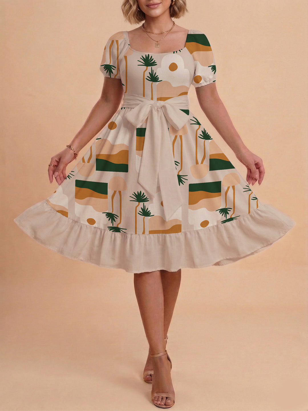 Damen Sommerliches Blumenkleid mit taillierbarem Gürtel und voluminösen Ärmeln EB