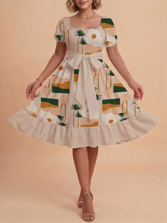 Damen Sommerliches Blumenkleid mit taillierbarem Gürtel und voluminösen Ärmeln EB