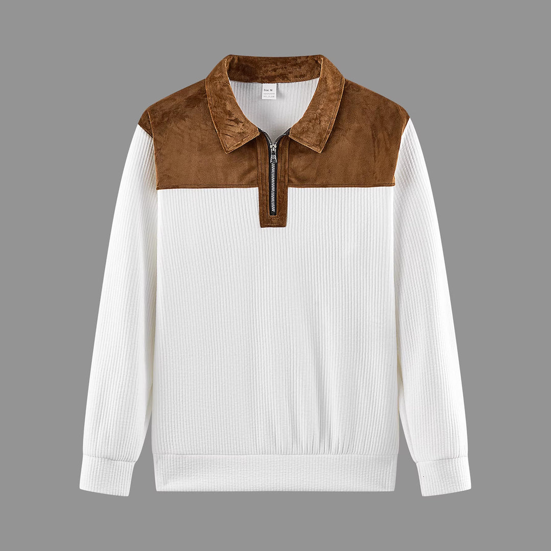 Unisex nan feinstrukturierter Strickpullover mit halbem Reißverschlusskragen und Samtbesatz EB