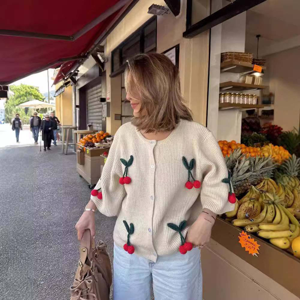 Damen lässiger und gestreifter Strickcardigan mit reizendem Kirschmuster EB