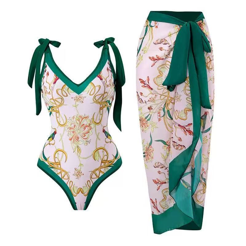 Damen Badeanzug mit floralem Design und transparentem Wickelrock EB