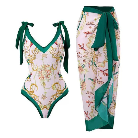 Damen Badeanzug mit floralem Design und transparentem Wickelrock EB