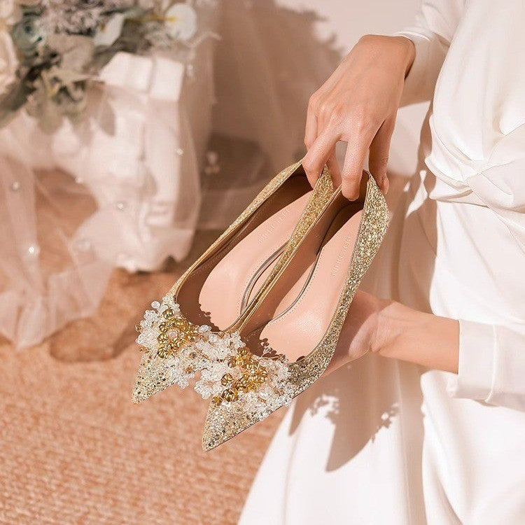 Damen Elegante Ballerinas mit funkelndem Schmuckdetail und stabilem Blockabsatz EB