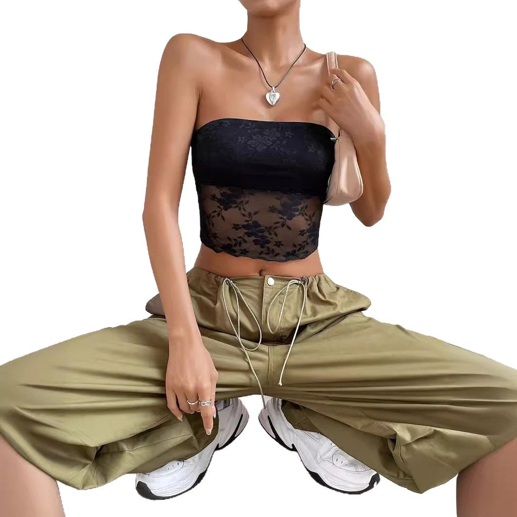 Damen transparente Crop-Top mit floralen Details EB