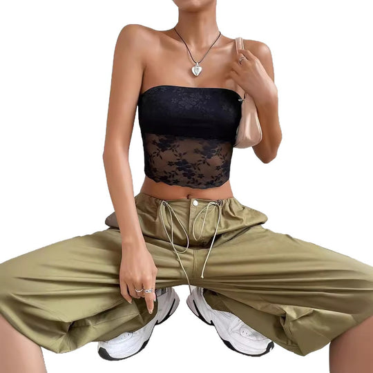 Damen transparente Crop-Top mit floralen Details EB