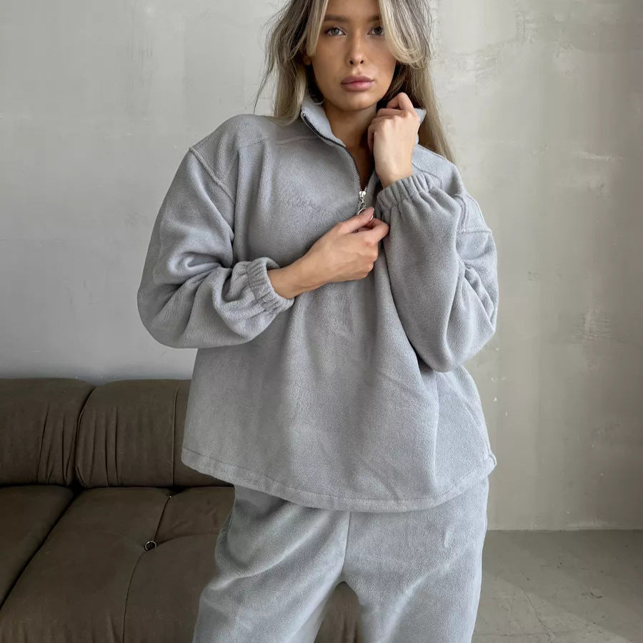 Damen lässiges Fleece-Jogginganzug Set mit Stehkragen und halbhohem Reißverschluss EB