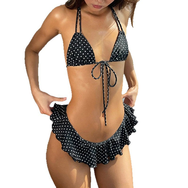 Damen verspieltes Triangel-Bikini-Set mit Rüschensaum und Bindebändern EB