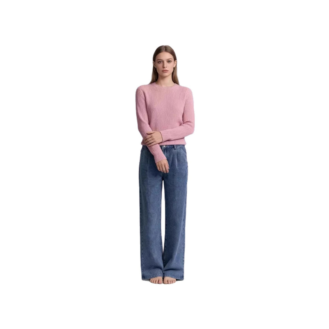 Damen nan hochgeschnittene Bundfalten-Weitbein-Jeans mit hohem Bund und Gürtelschlaufen EB