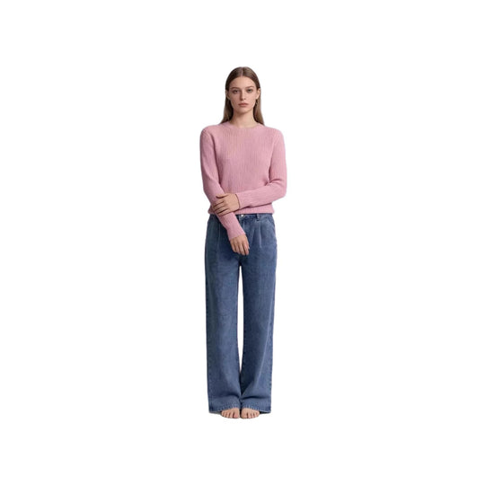 Damen nan hochgeschnittene Bundfalten-Weitbein-Jeans mit hohem Bund und Gürtelschlaufen EB