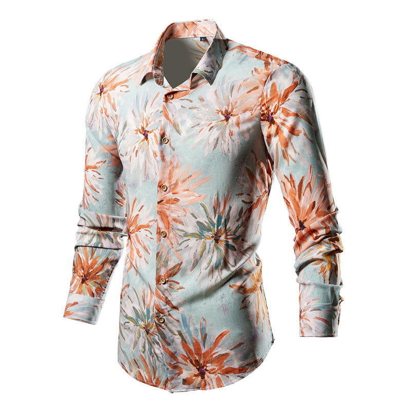 Herren nan tailliertes Langarmhemd mit auffälligem Leoprint, leichter Satinoptik und elastischem Slim Fit EB