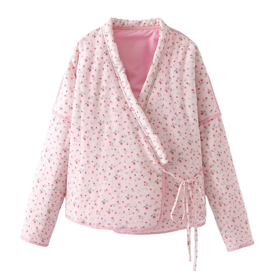 Damen Bluse im Kimono-Stil mit floralen Mustern und Bindegürtel EB