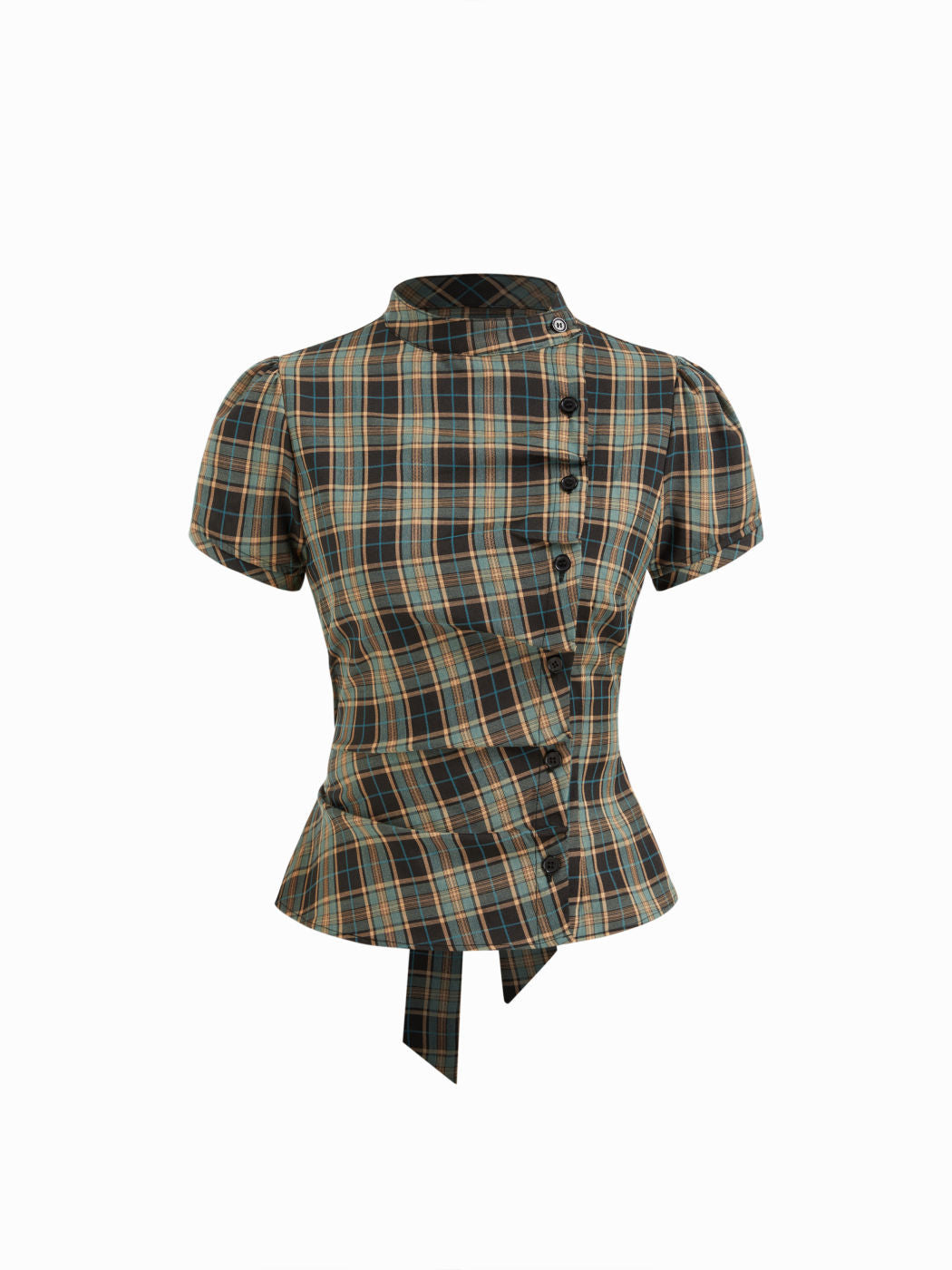 Damen Karierte Bluse mit hoher Taille und Puffärmeln EB