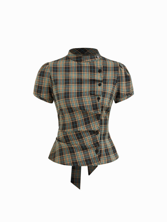 Damen Karierte Bluse mit hoher Taille und Puffärmeln EB