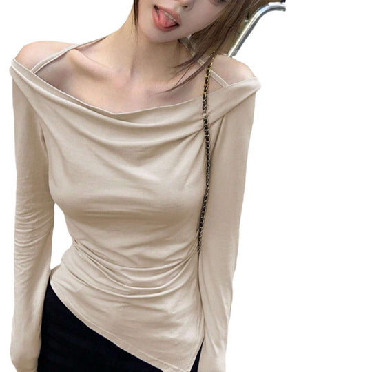 Damen schulterfreies Cowl-Longsleeve mit feinen Spaghettiträgern und sculptender Taillenpassform Eichborn Berlin