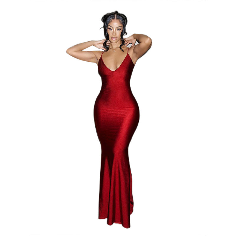 Damen elegantes figurbetontes Abendkleid mit Spaghettiträgern und fließendem Schnitt EB