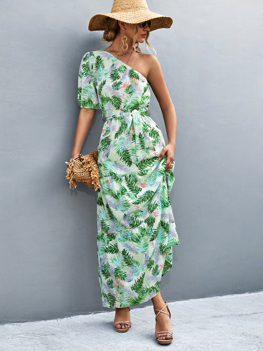 Damen Maxikleid mit asymmetrischem Schnitt und einzigartigem Palmblätterdruck EB