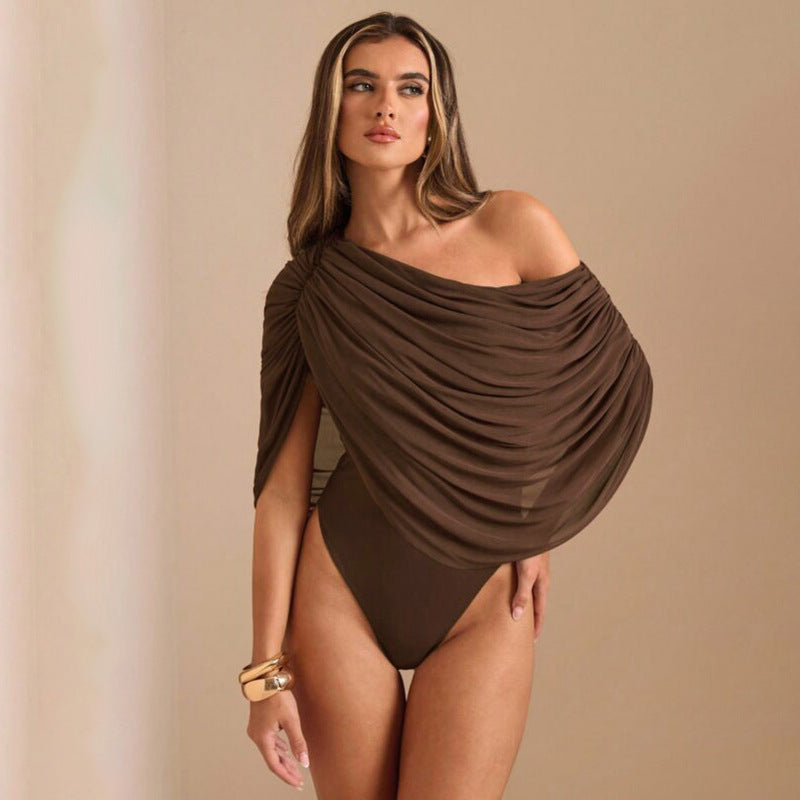 Damen Einseitiger Chiffon-Bodysuit mit Drapierungen EB