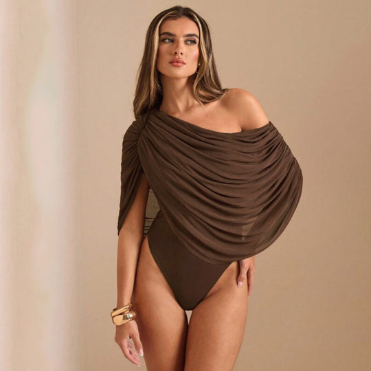 Damen Einseitiger Chiffon-Bodysuit mit Drapierungen EB