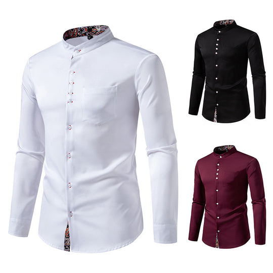Herren Langarm Hemd mit modernem Stehkragen und Paisleymuster EB