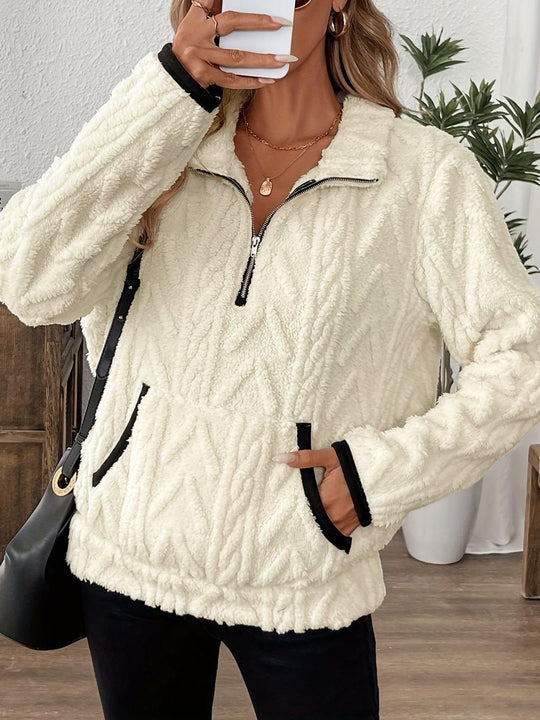 Damen modischer Fleece-Pullover mit halbem Reißverschluss und Taschen EB