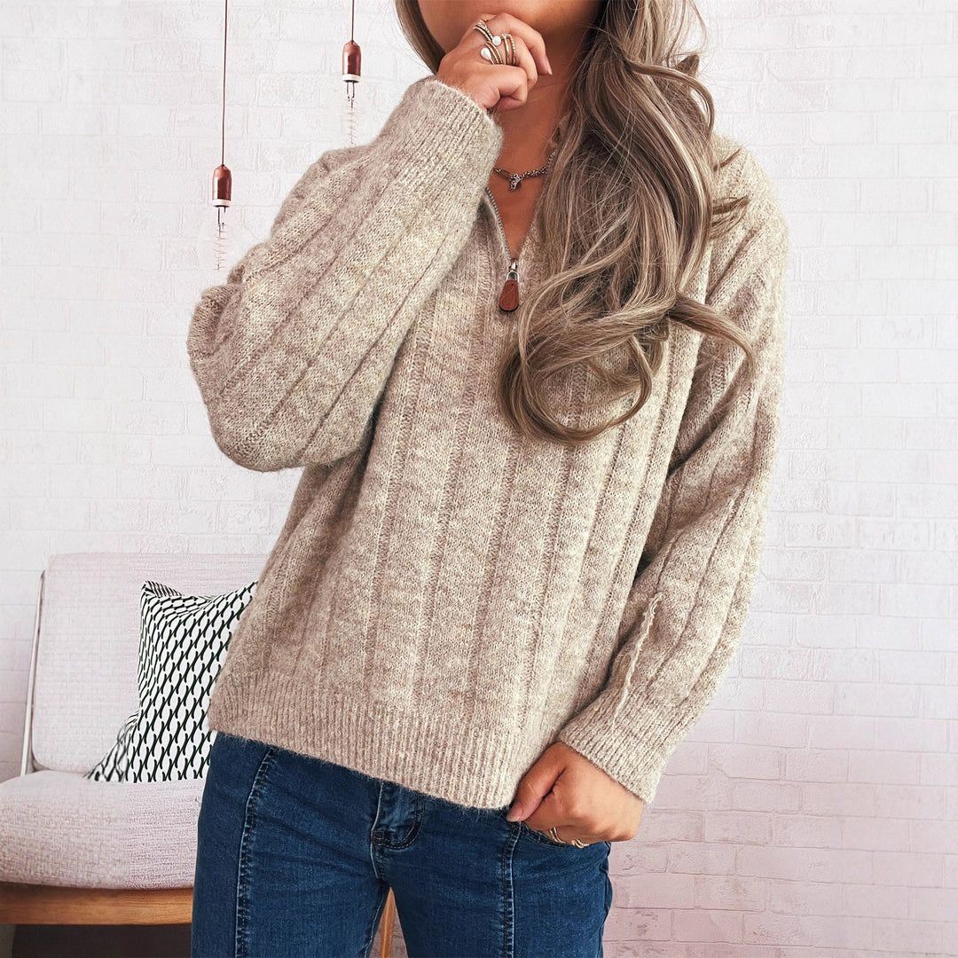Damen Strickpullover mit kurzer Reißverschlussleiste und Wellenstruktur EB