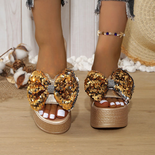 Damen Plateau-Pantoletten mit glitzerndem Schleifen-Design EB