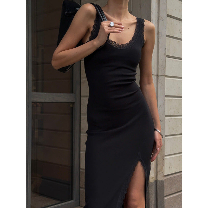 Damen Maxikleid mit Spitzenabschluss und hohem Schlitz EB