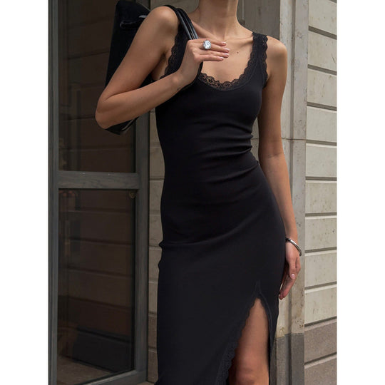 Damen Maxikleid mit Spitzenabschluss und hohem Schlitz EB