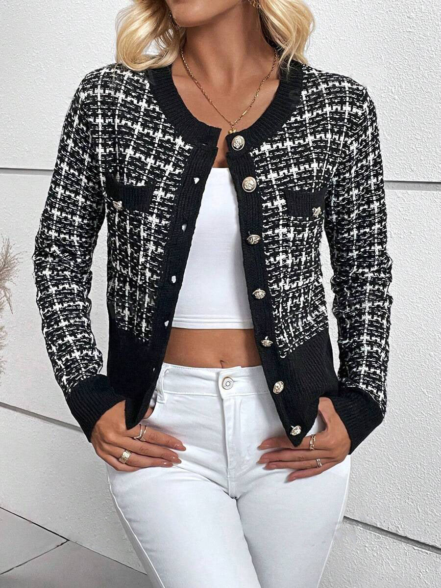Damen stilvolle Strickjacke mit goldenen Knöpfen EB