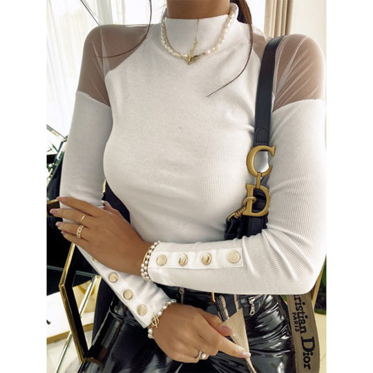 Damen Langarmshirt mit transparenten Ärmeln und Knopfdetails EB