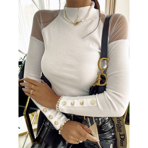 Damen Langarmshirt mit transparenten Ärmeln und Knopfdetails EB