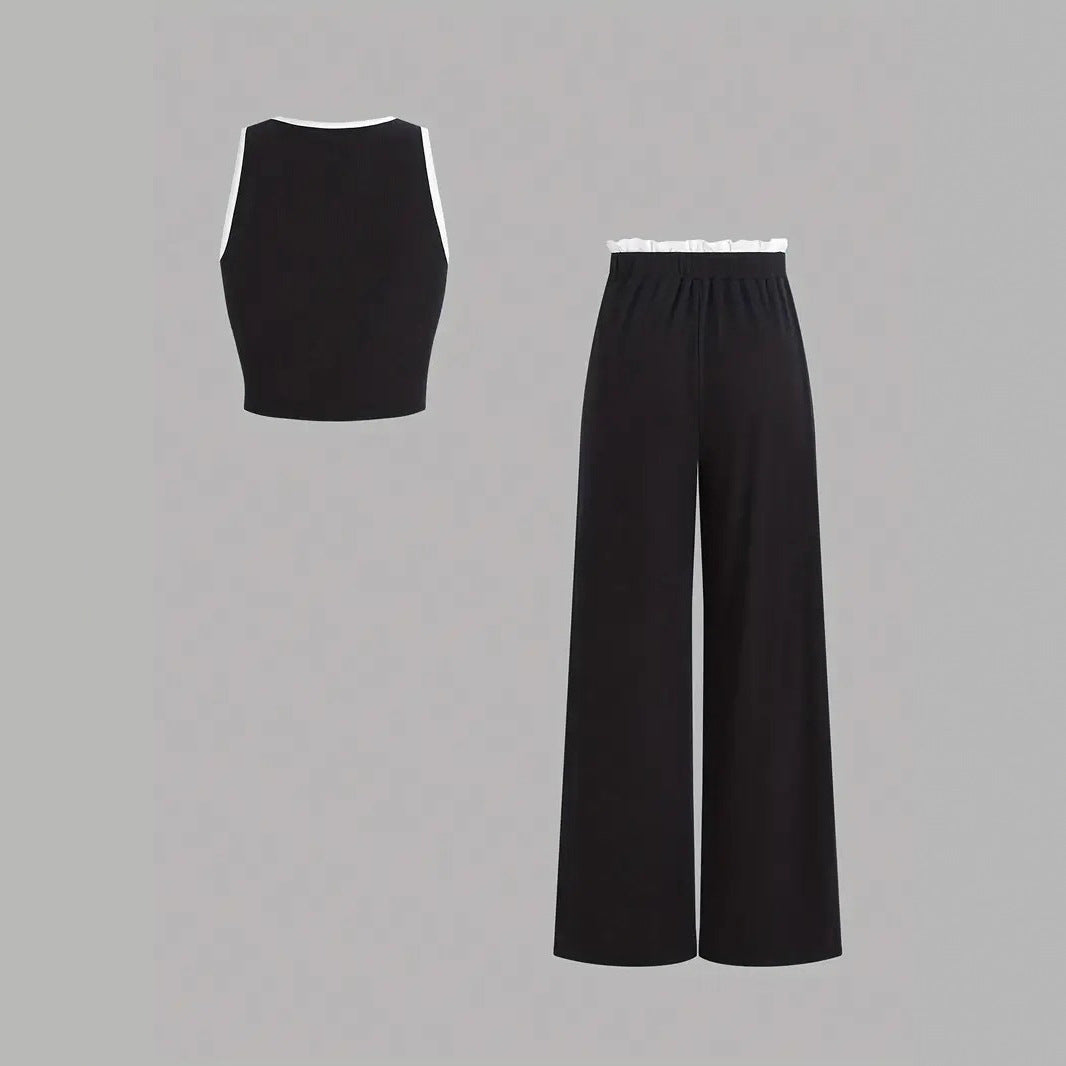 Damen stylishes Sport-Set mit hoch taillierter Weitbein-Hose und sportlichem Bustier EB